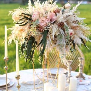 Luxury wedding centerpiece (16”x12”) with preserved roses, pampas grass, eucalyptus, and gypsophila. Romantic boho rustic style handmade by GulFloraWedding.