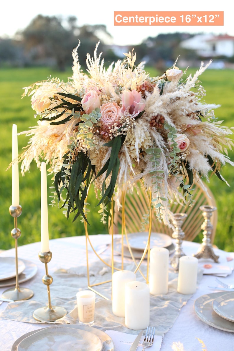 Luxury wedding centerpiece (16”x12”) with preserved roses, pampas grass, eucalyptus, and gypsophila. Romantic boho rustic style handmade by GulFloraWedding.