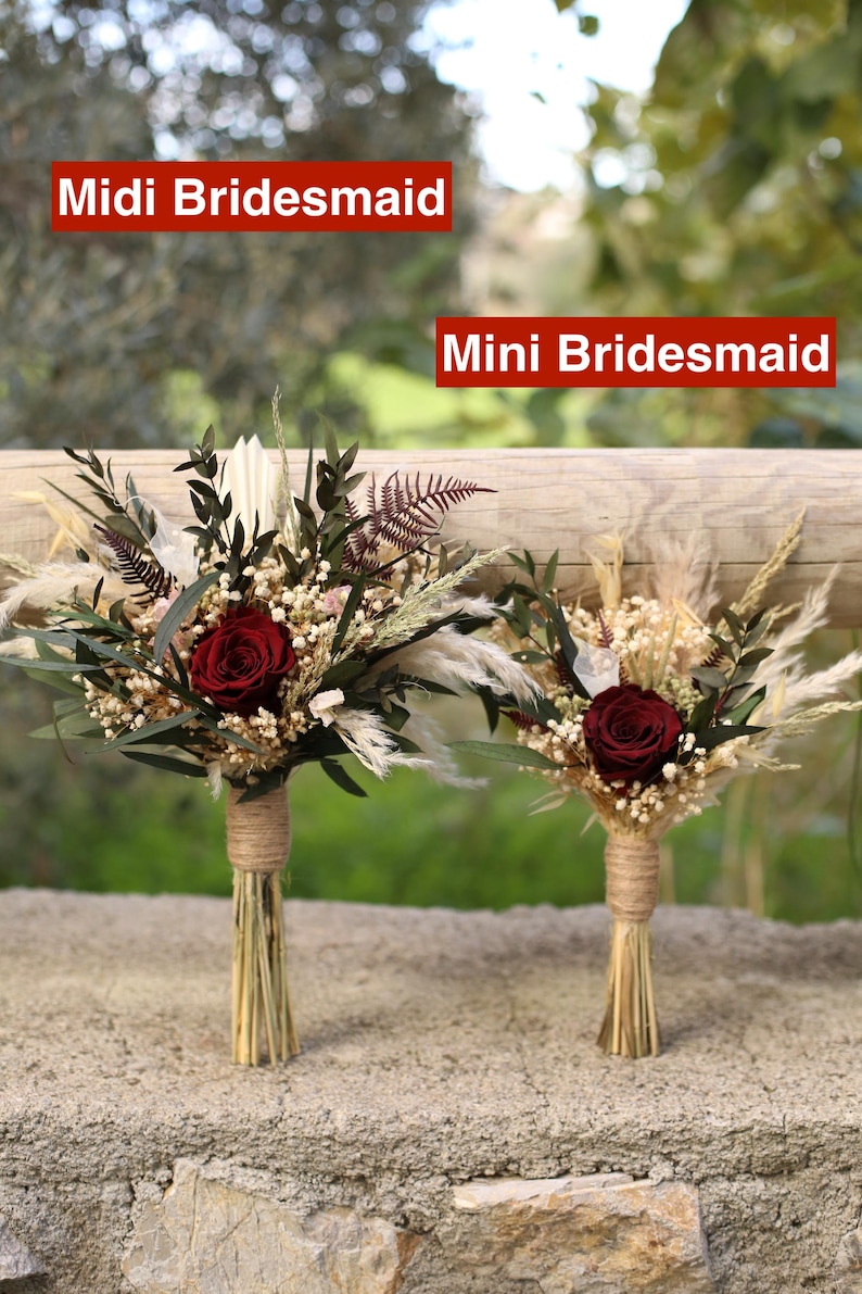 Burgundy Rose Bridal Bouquet | Dried Boho Wedding Flowers image 9