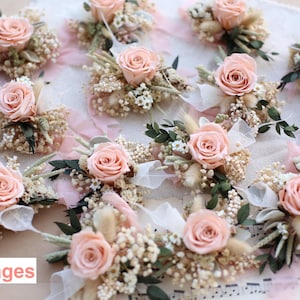 Collection of dried and preserved flower corsages with preserved salmon roses, gypsophila and eucalyptus — handmade by GulFloraWedding to match bridal bouquets and boutonnieres. Elegant accessories for bridesmaids, mothers and wedding guests.