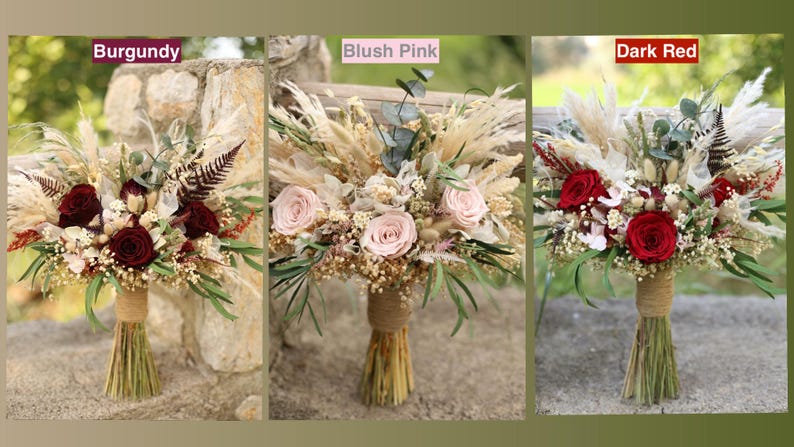 Burgundy Rose Bridal Bouquet | Dried Boho Wedding Flowers image 13
