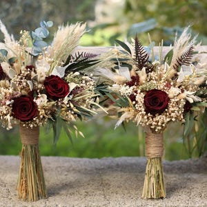 Burgundy Rose Bridal Bouquet | Dried Boho Wedding Flowers image 8