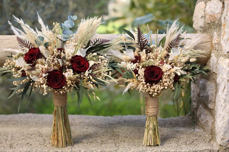 Burgundy Rose Bridal Bouquet | Dried Boho Wedding Flowers image 8