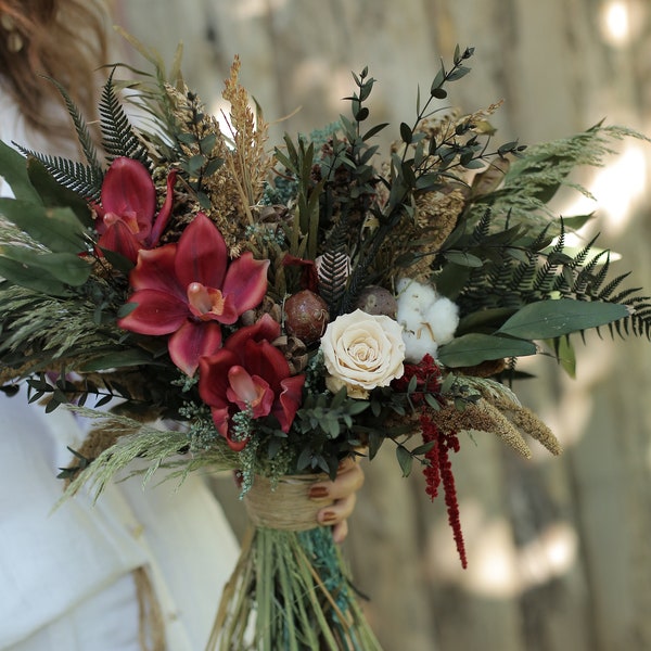 Burgundy Ivory Boho Wedding Bridal Bouquet Dried Flowers