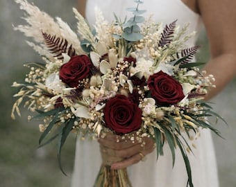 Burgundy Rose Bridal Bouquet | Dried Boho Wedding Flowers