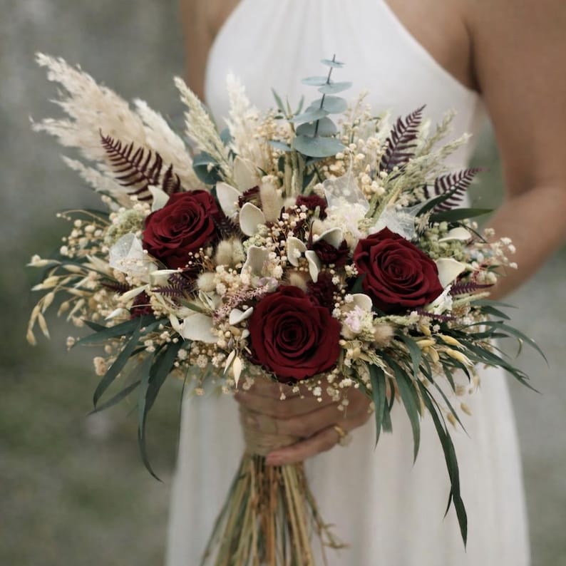 Burgundy Rose Bridal Bouquet | Dried Boho Wedding Flowers image 1