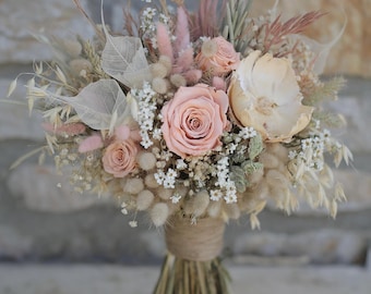 Salmon Rose Boho Bridal Bouquet Dried Preserved Flowers