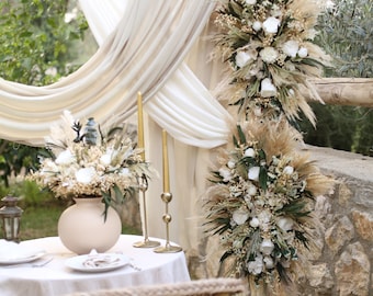 White Wedding Arch Flower Arrangement: Boho Bridal Decor