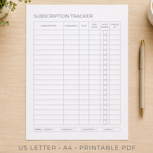 May include: A4 subscription tracker printable PDF on a wooden surface. The tracker includes columns for subscription, frequency, cost, due date, auto-renew, and cancel by. A pen and a cup of coffee are next to the tracker.