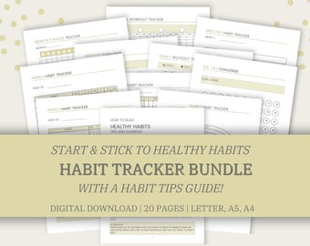 May include: A collection of printable habit trackers and a tips guide. The bundle includes weekly, monthly, and yearly trackers for various habits. The text on the image reads: "Start & Stick to Healthy Habits Habit Tracker Bundle with a Habit Tips Guide!"