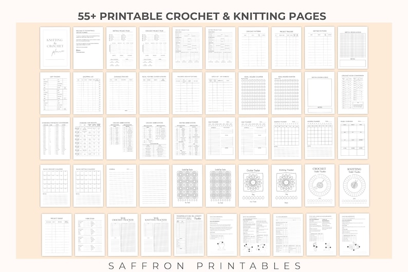 Overview image showing all 55+ printable knitting and crochet planner pages laid out in a grid. Pages include project plans, yarn stash tracker, row counters, shopping list, expense tracker, pattern notes, stitch key, daily and monthly planners, crochet trackers, and journal pages. Banner text reads “35+ printable crochet & knitting pages.”