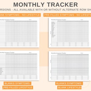 May include: A product image showcasing four versions of a monthly symptom tracker. Each tracker is a grid with rows for symptoms and columns for months. The text indicates options for blank or pre-filled symptoms and lifestyle tracking. The design is simple, with black lines on a white background.