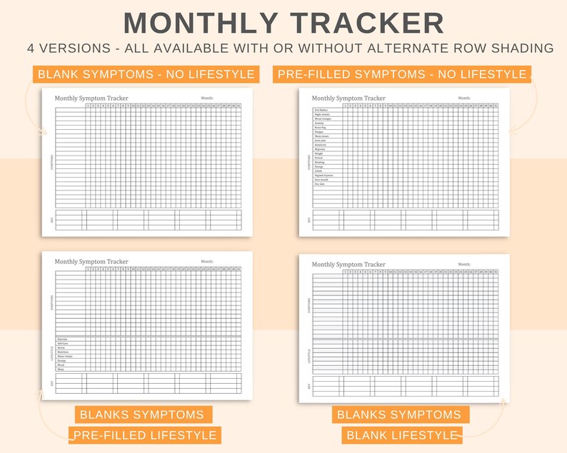 May include: A product image showcasing four versions of a monthly symptom tracker. Each tracker is a grid with rows for symptoms and columns for months. The text indicates options for blank or pre-filled symptoms and lifestyle tracking. The design is simple, with black lines on a white background.