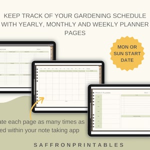 May include: Three printable pages for a gardening schedule. The pages are for yearly, monthly, and weekly planning. The text "MON OR SUN START DATE" is on a yellow starburst.