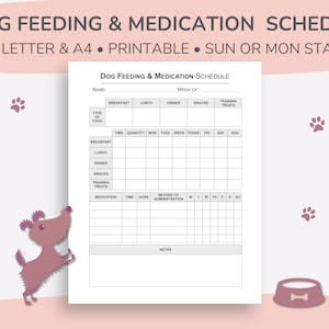 Hondenvoerschema, hondenmedicatietracker, hondenvoedingtracker, hondenvoedingstabel, hondenplanner, afdrukbare pdf, US Letter en A4
