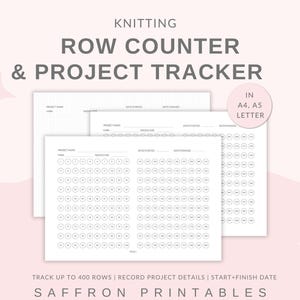 Może przedstawiać: Białe arkusze do druku do liczenia rzędów i śledzenia projektów dziewiarskich. Arkusze zawierają miejsca na nazwę projektu, przędzę, rozmiar drutów oraz datę rozpoczęcia i zakończenia. Tekst na arkuszach brzmi "Knitting Row Counter & Project Tracker".