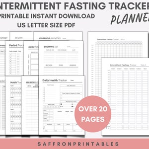 Könnte beinhalten: Druckbarer intermittierender Fasten-Tracker-Planer mit über 20 Seiten. Enthält Tracker für Gewicht, Gewohnheiten, tägliche Gesundheit, Essensplanung, Einkaufslisten und Kühlschrankinventar.