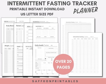 May include: Printable intermittent fasting tracker planner with over 20 pages. Includes trackers for weight, habits, daily health, meal planning, shopping lists, and fridge inventory.