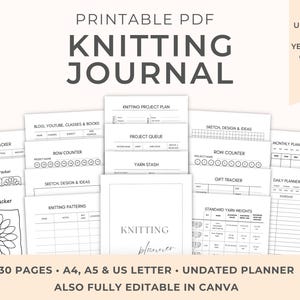 May include: Printable PDF Knitting Journal with 30+ pages. Includes undated daily, monthly, and yearly planner pages, challenges, trackers, and more. Also fully editable in Canva. Features pages for project planning, yarn stash, and expense tracking.