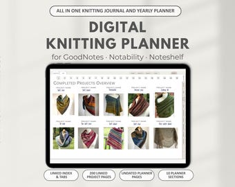 Könnte beinhalten: Digitaler Strickplaner auf einem Tablet, der abgeschlossene Projekte mit Schalbildern zeigt. Der Planer enthält einen verknüpften Index, 200 Projektseiten, undatierte Seiten und 10 Planungsabschnitte. Maße in cm.