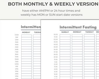 Intermittent Fasting Tracker Printable, Landscape Weekly & Monthly
