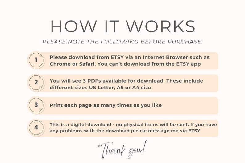 Instruction page explaining how to download and use the knitting and crochet planner PDF. Steps outline downloading via Etsy browser, accessing three PDF sizes (US Letter, A5, A4), printing pages as many times as needed, and confirming it’s a digital-only product with no physical delivery.