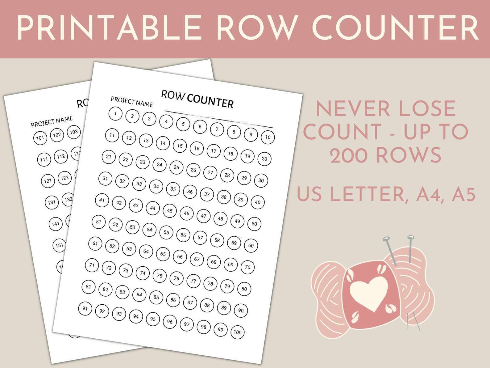 Printable Row Counter for Knitting and Crochet. Printable PDF Etsy