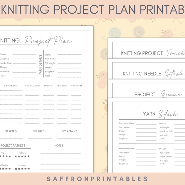 Printable Knitting Planner with Yarn and Needle Stash, Project Planner and Knitting Queue.  US Letter, A4 and A5