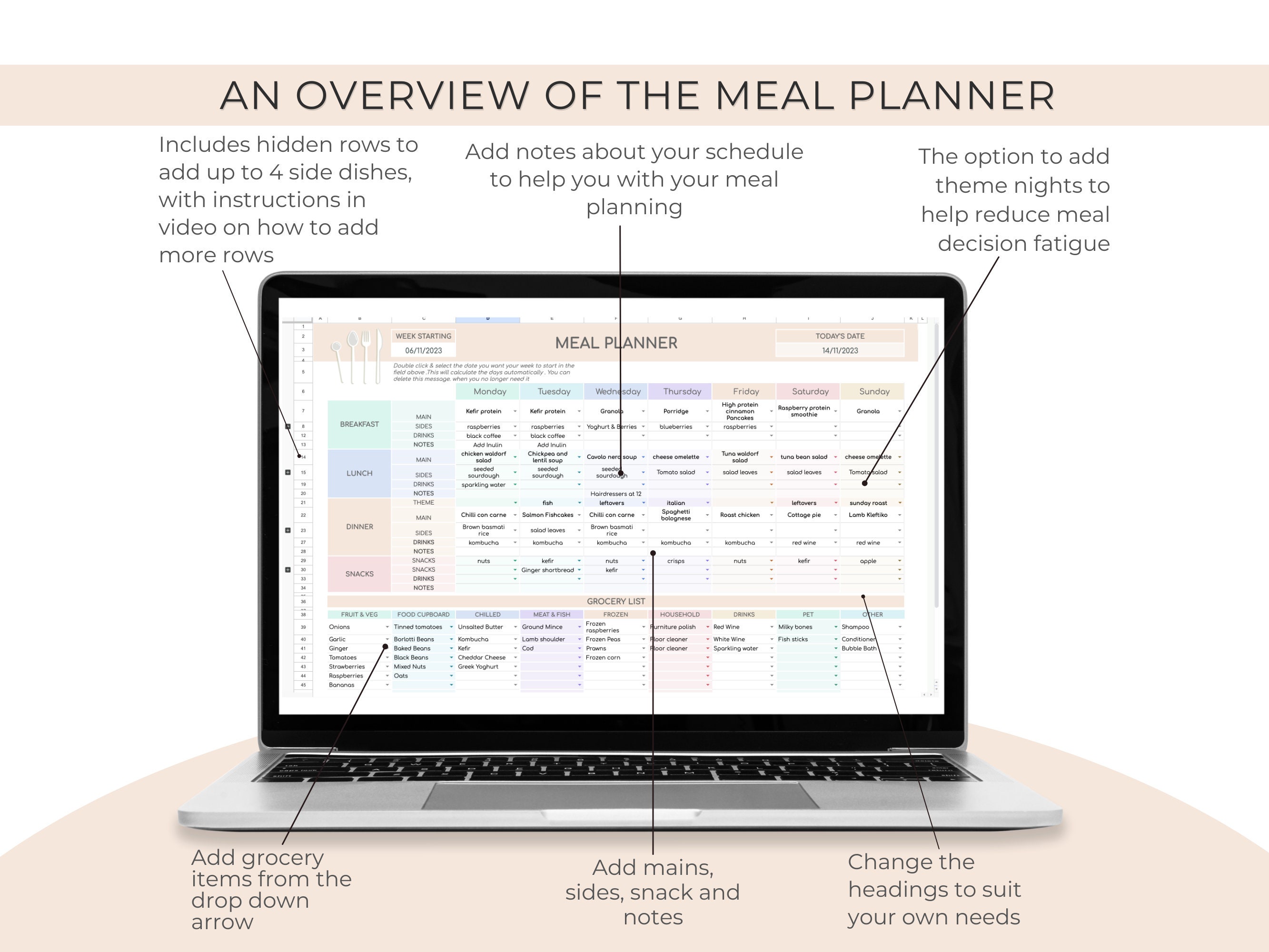 Weekly Meal Planner With Grocery List for Google Sheets (digital ...