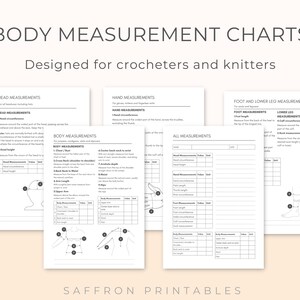 Image shows 5 pages with the heading Body Measurement Charts suitable for knitters and crocheters. There is one summary page to put all of the details and one page for each body area; head, torso and arms, hands, feet and legs. Including instructions on how to measure