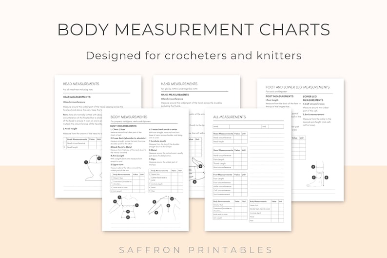 Image shows 5 pages with the heading Body Measurement Charts suitable for knitters and crocheters. There is one summary page to put all of the details and one page for each body area; head, torso and arms, hands, feet and legs. Including instructions on how to measure