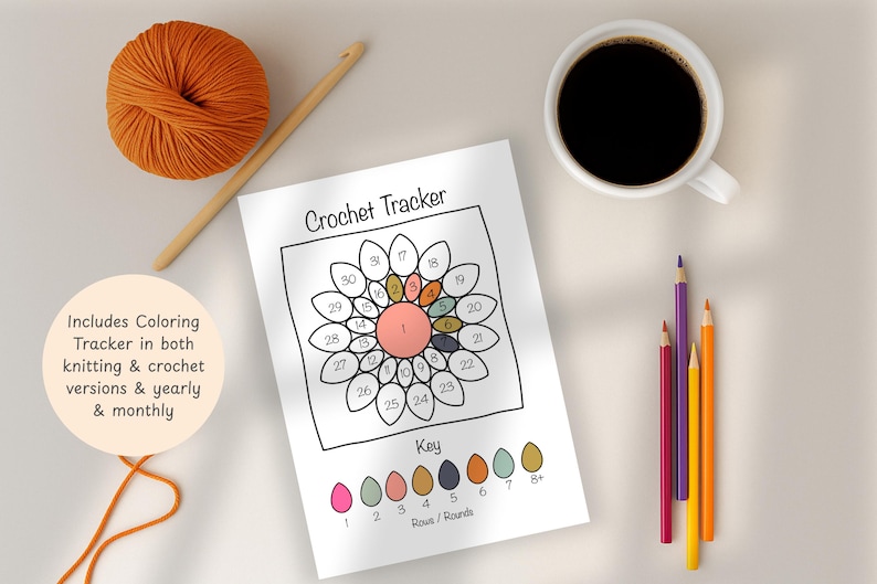 Flat lay photo of a crochet tracker colouring page on a desk with orange yarn, crochet hook, coloured pencils, and a cup of coffee. Tracker features a flower design with numbered petals and a key for rows and rounds. Text notes that knitting and crochet tracker versions are included in both yearly and monthly layouts.
