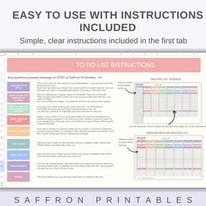 May include: A digital to-do list with instructions, featuring a pink header and a detailed layout. The text reads "Easy to Use With Instructions Included" and "Saffron Printables". The list includes sections for choosing a style, task summary, and notes.