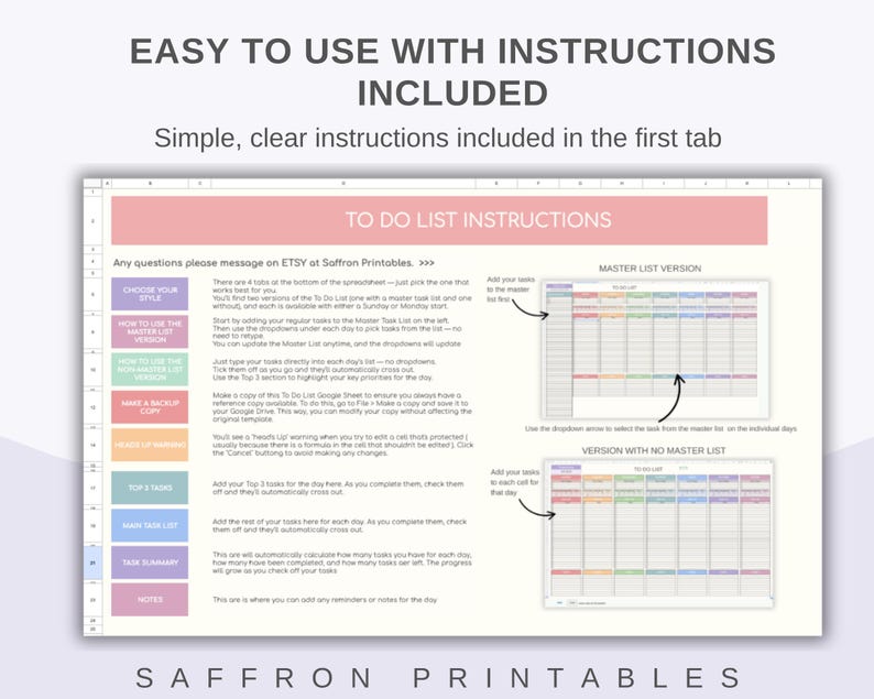May include: A digital to-do list with instructions, featuring a pink header and a detailed layout. The text reads "Easy to Use With Instructions Included" and "Saffron Printables". The list includes sections for choosing a style, task summary, and notes.