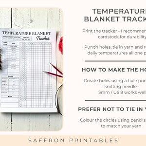 Printed temperature blanket tracker on a white wooden surface with coloured yarn samples attached. Shows a single-page layout for recording daily temperatures and yarn colours for a crochet temperature blanket.