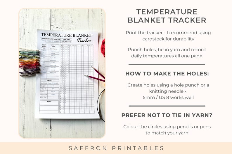 Printed temperature blanket tracker on a white wooden surface with coloured yarn samples attached. Shows a single-page layout for recording daily temperatures and yarn colours for a crochet temperature blanket.