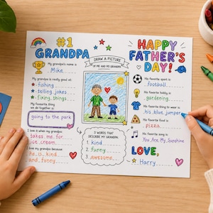 Puede incluir: Un dibujo para el Día del Padre con el texto "#1 Abuelo" y "¡Feliz Día del Padre!" El dibujo incluye indicaciones para completar información sobre el abuelo, como su nombre, aficiones y cosas favoritas. Se ven crayones y un crayón azul.