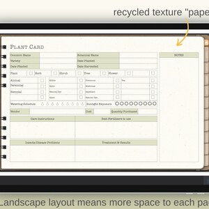 May include: A printable plant card template with sections for common name, botanical name, variety, date planted, date harvested, plant type, watering schedule, sunlight exposure, vendor, care instructions, cost, quantity purchased, best fertilizers to use, insects/disease problems, treatment and results, and notes. The template has a recycled paper texture.