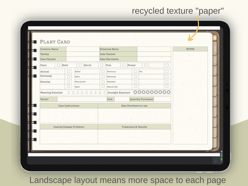May include: A printable plant card template with sections for common name, botanical name, variety, date planted, date harvested, plant type, watering schedule, sunlight exposure, vendor, care instructions, cost, quantity purchased, best fertilizers to use, insects/disease problems, treatment and results, and notes. The template has a recycled paper texture.