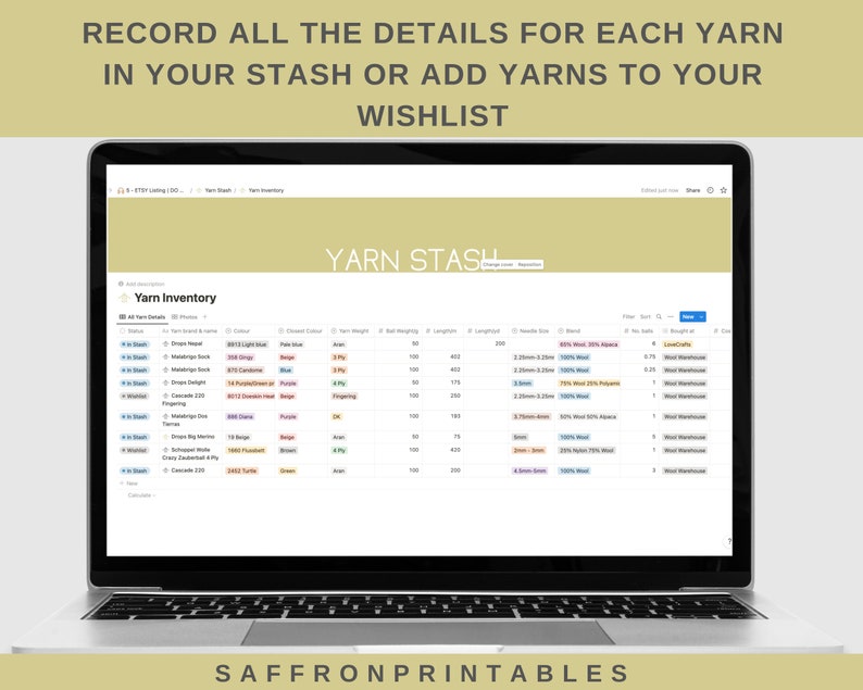 Notion Yarn Stash Inventory Template in a Green Aesthetic Etsy