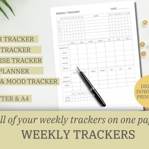 Op de afbeelding: Een printbare weekplanner met secties voor het bijhouden van water, gewoontes, lichaamsbeweging, maaltijden, slaap en stemming. De planner is ontworpen voor gebruik met US Letter- of A4-papierformaten. De tekst "Digitaal downloadbaar, printbaar" staat in de rechterbenedenhoek.