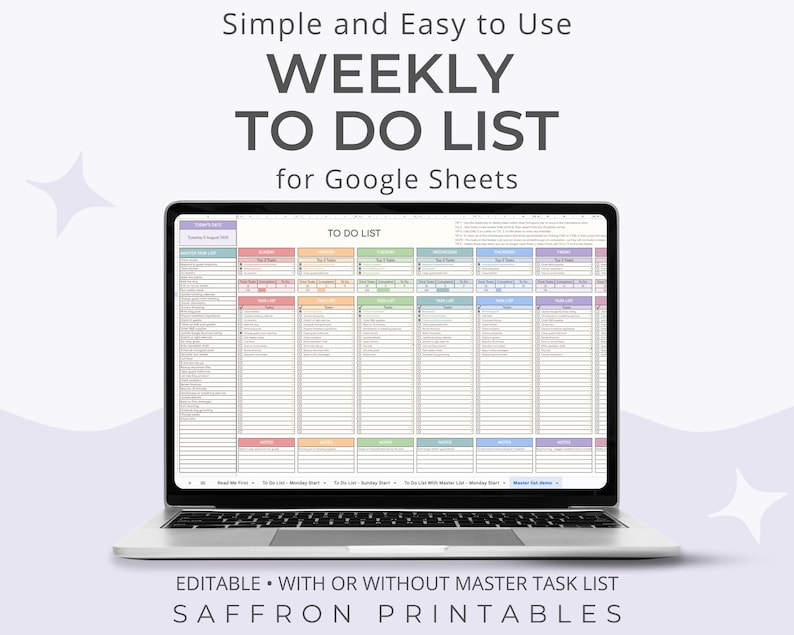 silver laptop showing a bright rainbow coloured weekly to do list for Google Sheets. the background is a pale lilac. The text above the laptop says simple and easy to use weekly to do list for google sheets. Below the laptop the text is editable - with and without master list. Followed by the shop name  saffron printables