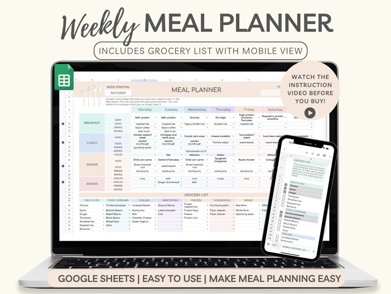 Weekly Meal Planner Google Sheets, Pastel Meal Plan Template, Digital