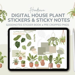 May include: A digital illustration of house plant stickers and sticky notes. The image shows a tablet displaying various green plant illustrations in pots and hanging baskets. Text on the image reads "Handdrawn DIGITAL HOUSE PLANT STICKERS & STICKY NOTES GOODNOTES STICKER BOOK • PRE CROPPED PNGS."