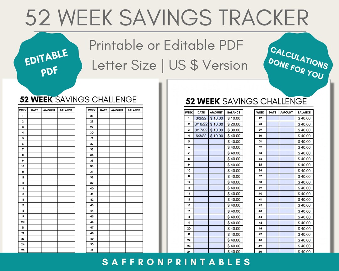 52 Week Savings Challenge, Printable Template, Calculations Done for in ...