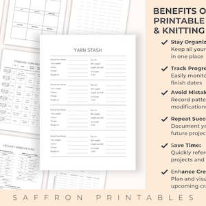 Promotional image showing the benefits of using a printable knitting and crochet planner with a close-up of the yarn stash tracker page. Benefits listed include staying organised, tracking progress, avoiding mistakes, repeating success, saving time, and enhancing creativity. Surrounding pages include stitch conversion charts and crochet trackers.