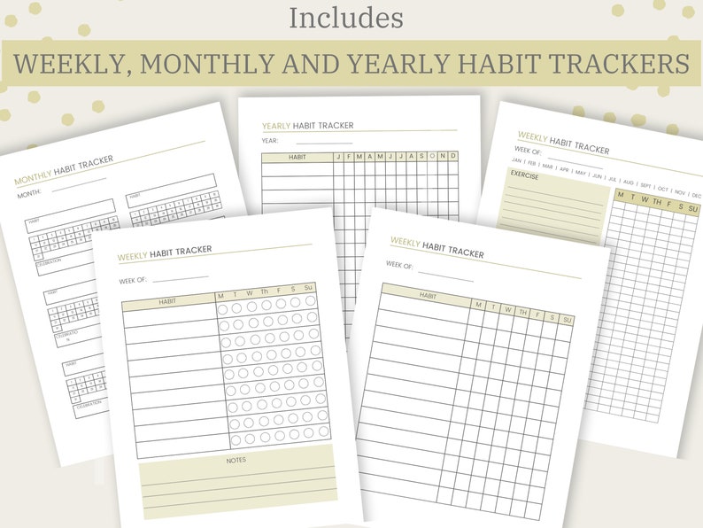 Habit Tracker Printable Bundle With Daily, Weekly, Monthly and Yearly