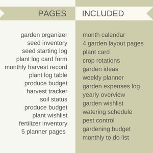 May include: A printable garden planner with a list of pages included, such as a garden organizer, seed inventory, seed starting log, plant log card form, monthly harvest record, plant log table, produce budget, harvest tracker, soil status, produce budget, plant wishlist, fertilizer inventory, and 5 planner pages. The included pages are: month calendar, 4 garden layout pages, plant card, crop rotations, garden ideas, weekly planner, garden expenses log, yearly overview, garden wishlist, watering schedule, pest control, gardening budget, and monthly to do list.