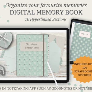 May include: A digital memory book with a Christmas theme. The cover features a green and white pattern of Christmas trees. The book includes over 100 scrapbooking stickers. The text on the cover reads "Christmas Memory Book".