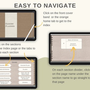 May include: A digital planner app interface with a brown cover and the text "GARDEN PLANNER". The app has a tabbed index with sections for seeds and sowing, garden layouts, garden finances, monthly plans and records, garden plans, plants, pest, soil and fertilizers, yearly plans and records, and a journal.
